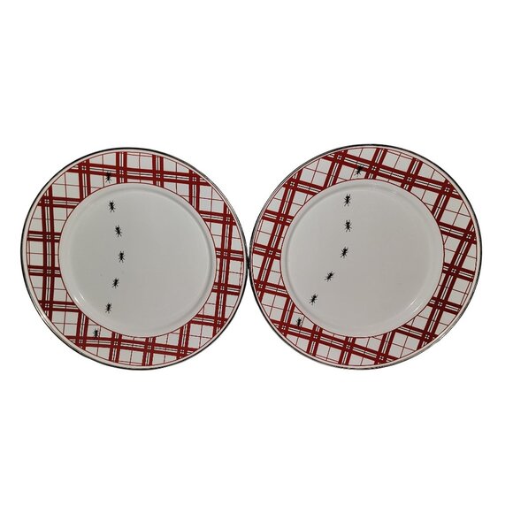 Golden Rabbit Other - Golden Rabbit Enamelware Plaid Ants Dinner Plates 10.5" Red & White Set Of 2